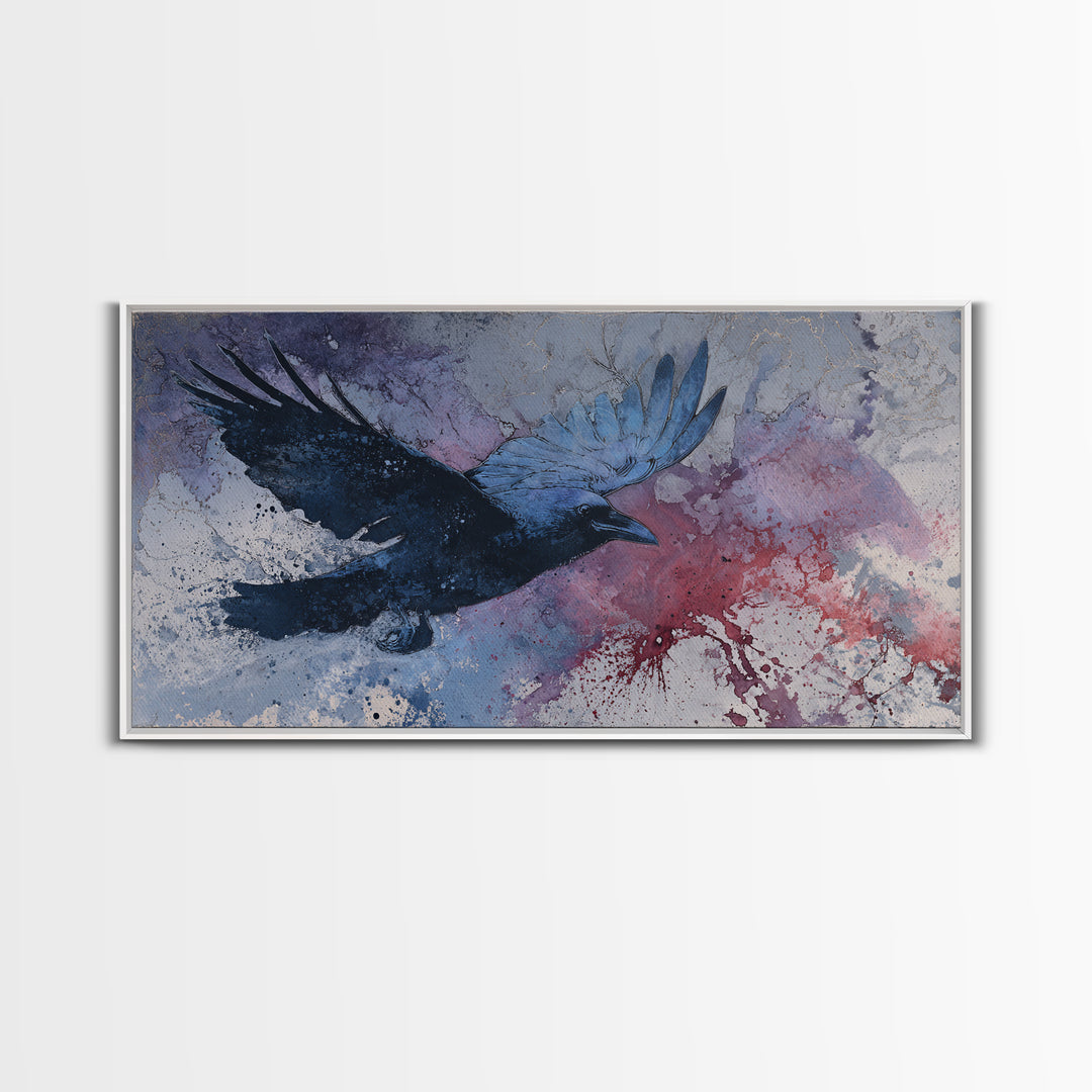 Ink Splatter Raven Composition Framed Canvas Print, Black and White Art, Fine Art Print, Living Room Decor, Monochrome, BAW-2x1-16