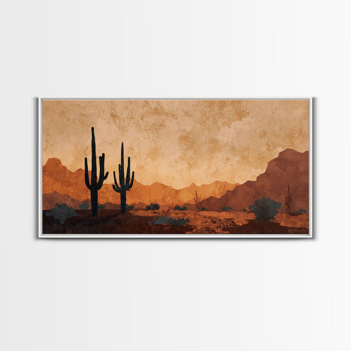 Monochrome Desert Cactus Silhouette Canvas Print, Black and White Art, Print, Living Room Decor, Watercolor Art, Monochrome, BAW-2x1-17