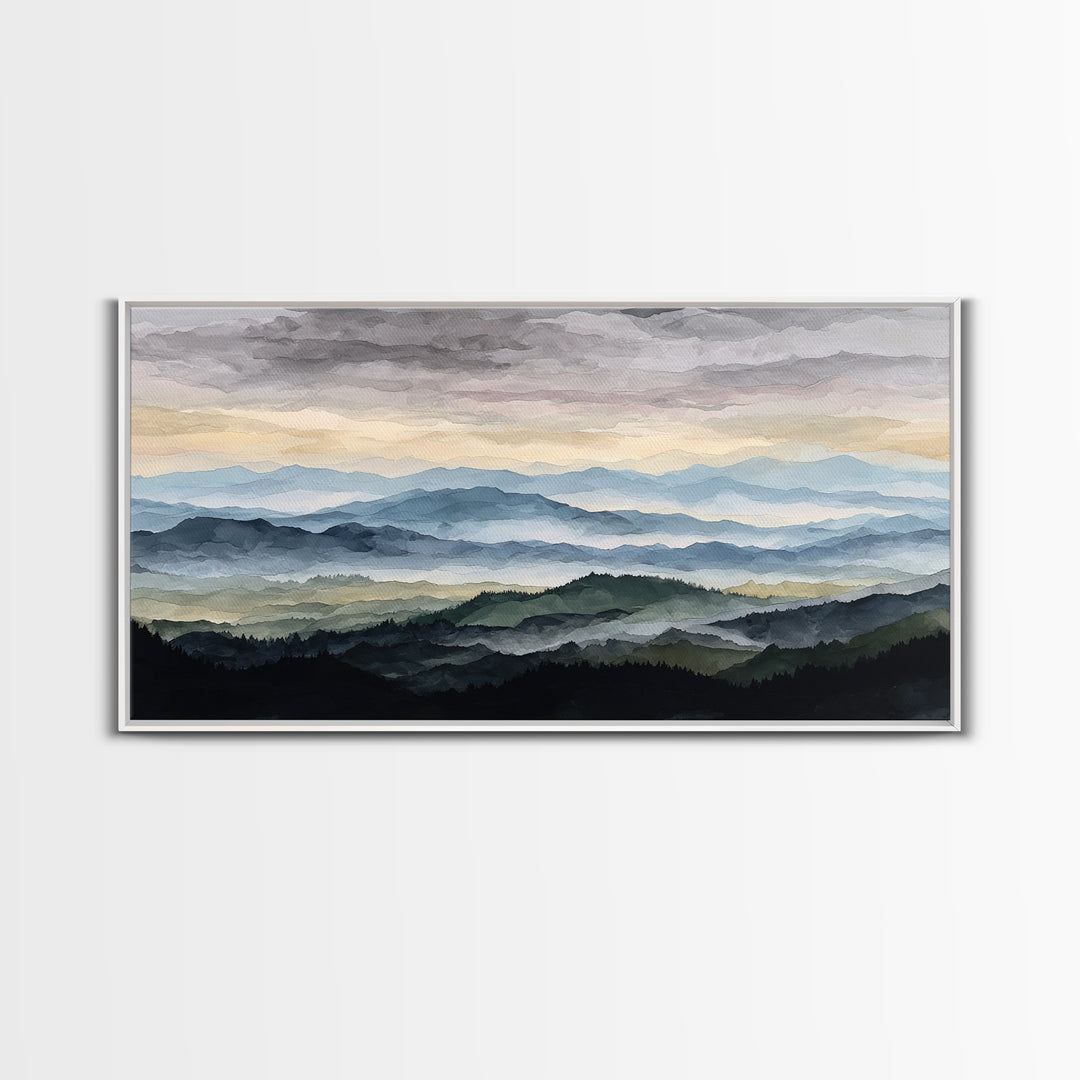 Black Ink Mountain Range Canvas Print, Black and White Art, Textured Painting, Living Room Decor, Watercolor Art, Monochrome, BAW-2x1-22