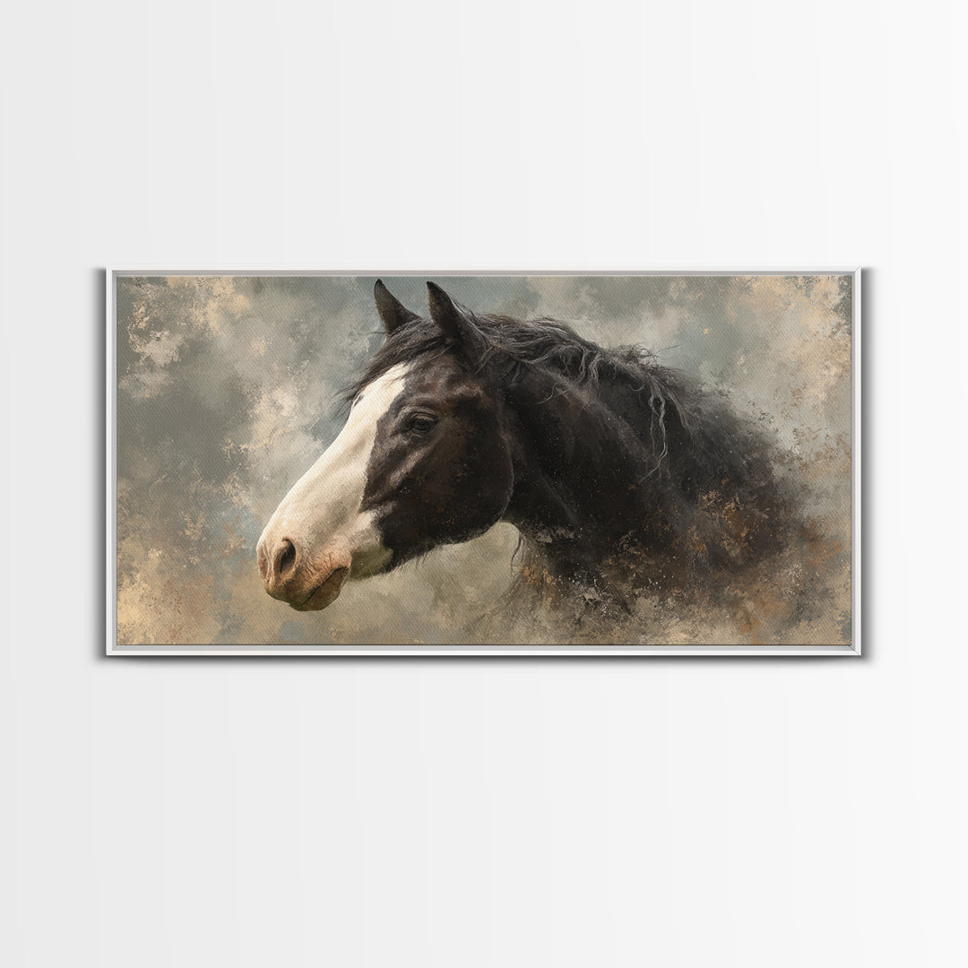 Black and White Wild Horse Portrait Framed Canvas Print, Black and White Art, Art Print, Living Room Decor, Monochrome, BAW-2x1-25