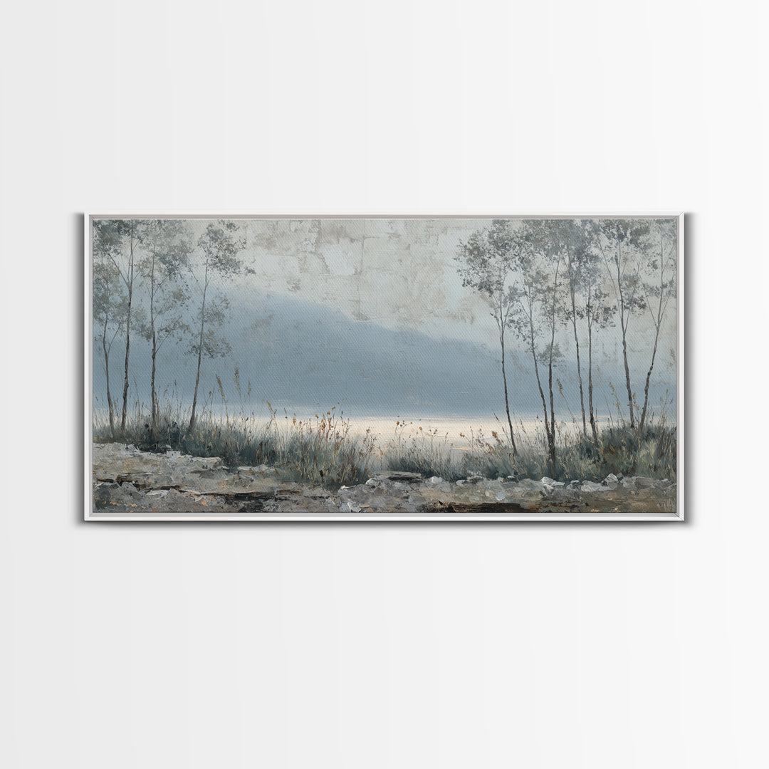 Moody Foggy Forest Framed Canvas Print, Black and White Art, Boho Decor, Living Room Decor, Monochrome, Halloween Decor, BAW-2x1-27