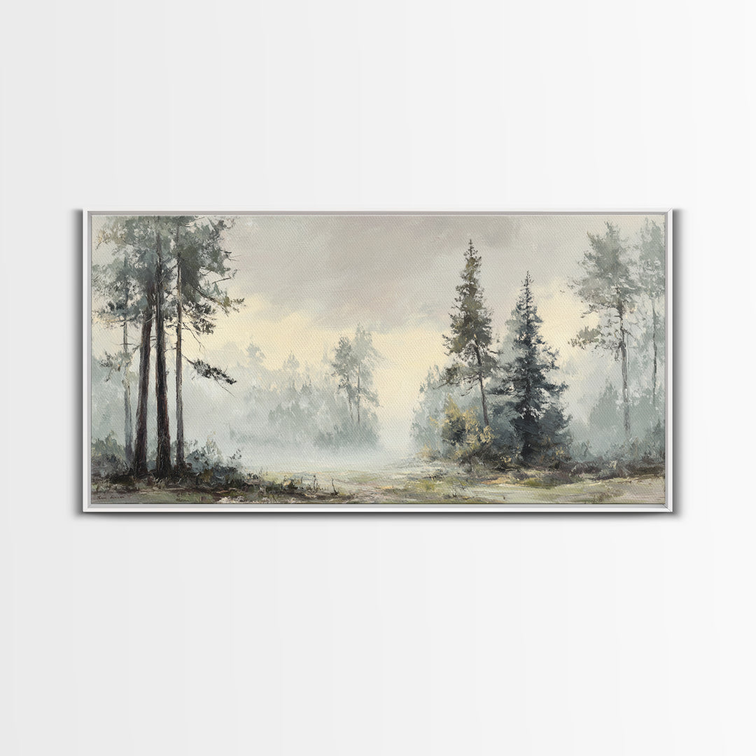 Moody Foggy Forest Framed Canvas Print, Black and White Art, Gothic Decor, Living Room Decor, Oil Painting, Monochrome, BAW-2x1-3
