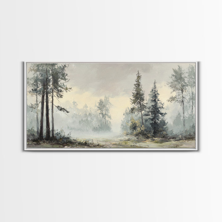 Moody Foggy Forest Framed Canvas Print, Black and White Art, Gothic Decor, Living Room Decor, Oil Painting, Monochrome, BAW-2x1-3
