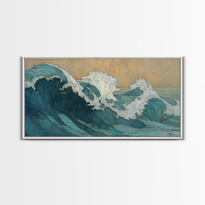 Stormy Ocean Wave Framed Canvas Print, Black and White Art, Minimalist Decor, Living Room Decor, Oil Painting, Monochrome, BAW-2x1-30
