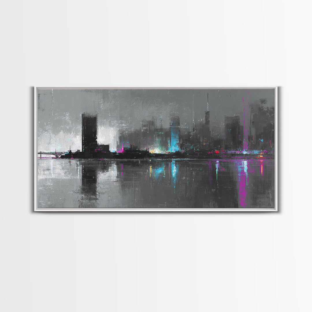 Monochrome City Skyline Reflected Canvas Print, Black and White Art, Living Room Decor, Abstract Art, Monochrome, BAW-2x1-31