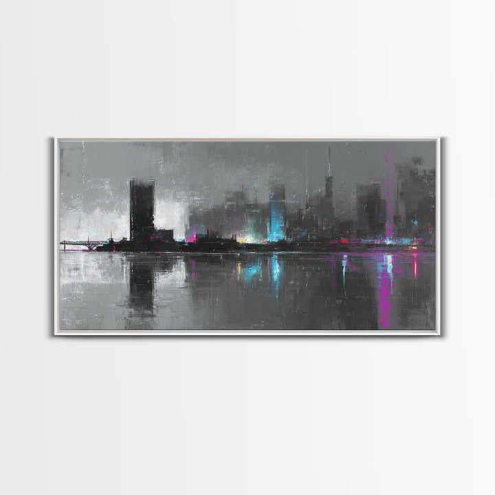 Monochrome City Skyline Reflected Canvas Print, Black and White Art, Living Room Decor, Abstract Art, Monochrome, BAW-2x1-31