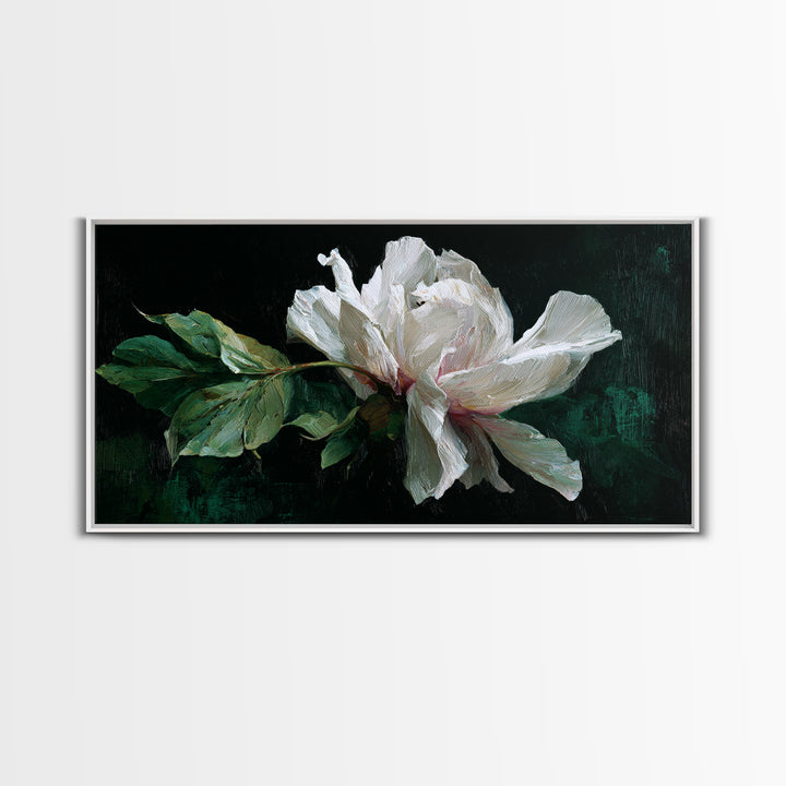 White Flower on Deep Black Background Canvas Print, Black and White Art, Wall Art, Living Room Decor, Watercolor Art, BAW-2x1-32