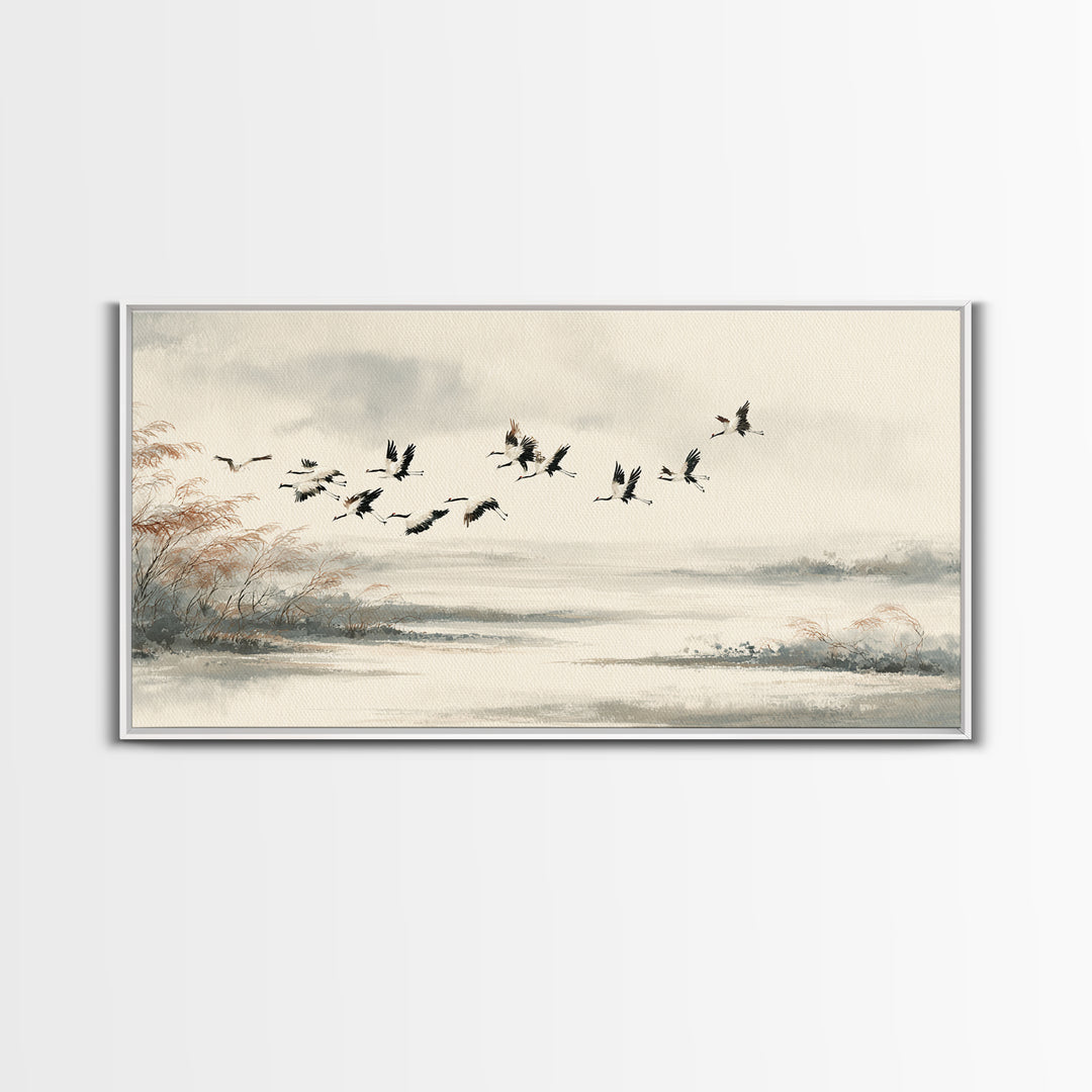 Black Ink Crane Flying Across Empty Sky Canvas Print, Black and White Art, Digital Prints, Living Room Decor, Monochrome, BAW-2x1-33