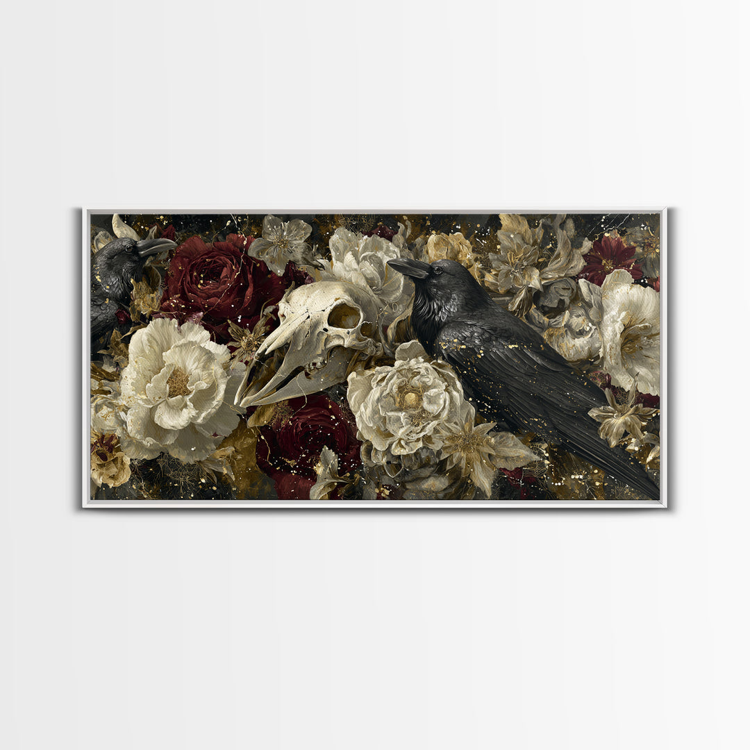 Ink Splatter Raven Composition Framed Canvas Print, Black and White Art, Art, Living Room Decor, Fine Art, Monochrome, BAW-2x1-40