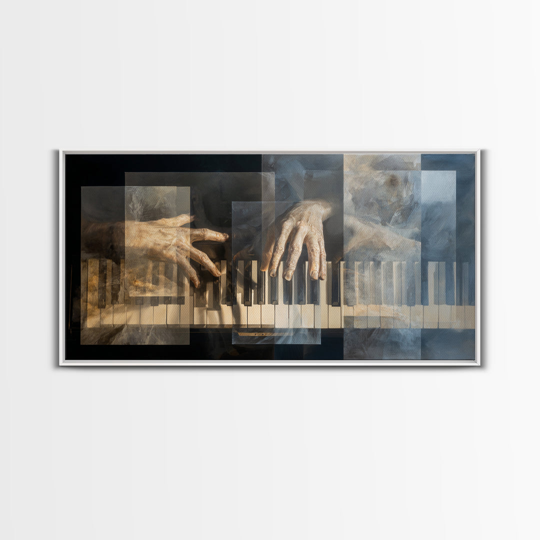 Piano Keys and Hands Framed Canvas Print, Black and White Art, Room Decor, Living Room Decor, Fine Art, Monochrome, Art Print, BAW-2x1-42
