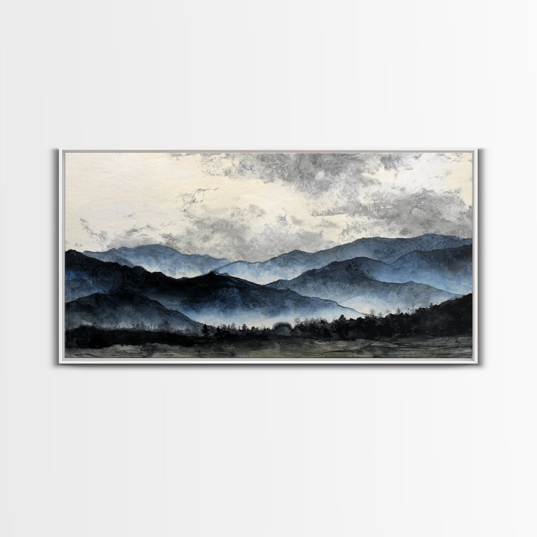 Black Ink Mountain Range Framed Canvas Print, Black and White Art, Art, Living Room Decor, Fine Art, Monochrome, Original Art, BAW-2x1-46