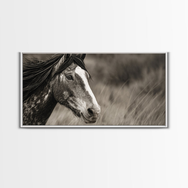 Black and White Wild Horse Portrait Canvas Print, Black and White Art, Large Wall Art, Living Room Decor, Fine Art, Monochrome, BAW-2x1-49