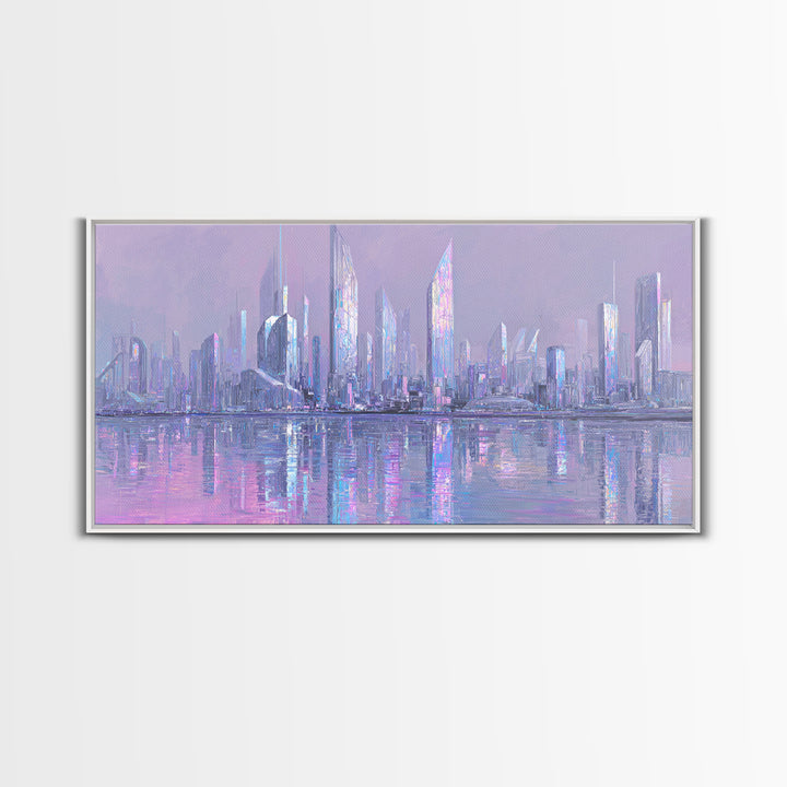 Monochrome City Skyline Reflected Framed Canvas Print, Black and White Art, Wood Wall Art, Living Room Decor, Monochrome, BAW-2x1-55
