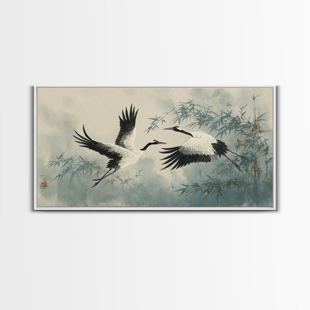 Black Ink Crane Flying Across Empty Sky Canvas Print, Black and White Art, Printable, Living Room Decor, Fine Art, Monochrome, BAW-2x1-57