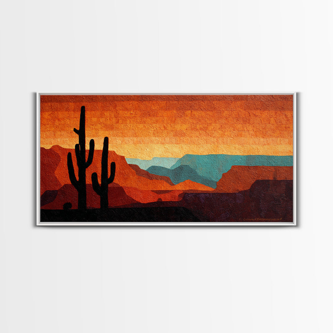 Monochrome Desert Cactus Silhouette Canvas Print, Black and White Art, Mid Century Modern, Living Room Decor, Monochrome, BAW-2x1-65