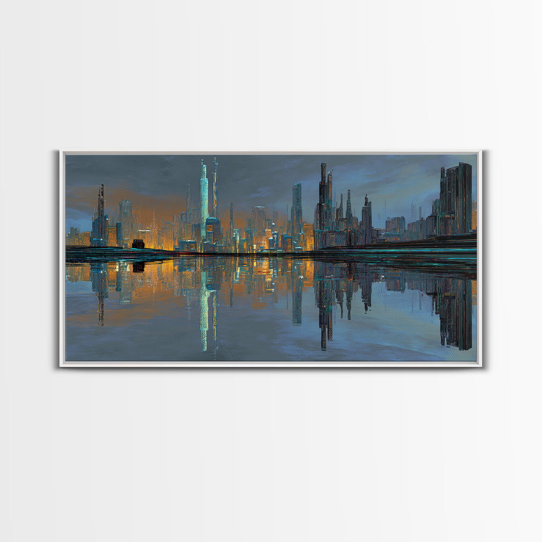Monochrome City Skyline Reflected Framed Canvas Print, Black and White Art, Halloween Decor, Living Room Decor, Abstract Art, BAW-2x1-7