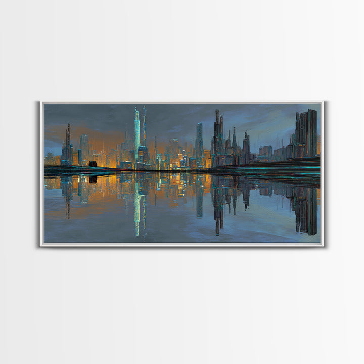 Monochrome City Skyline Reflected Framed Canvas Print, Black and White Art, Halloween Decor, Living Room Decor, Abstract Art, BAW-2x1-7