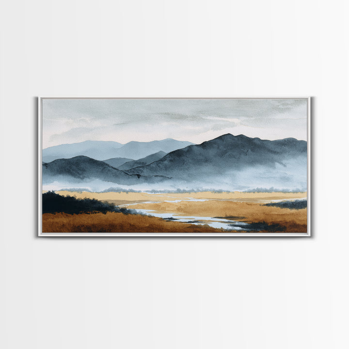 Black Ink Mountain Range Canvas Print, Black and White Art, Living Room Decor, Oil Painting, Monochrome, Abstract Wall Art, BAW-2x1-70