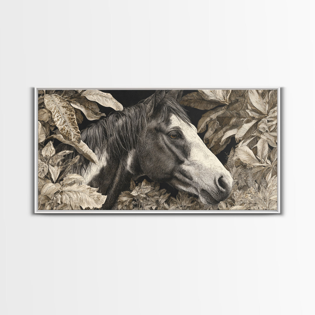 Black and White Wild Horse Portrait Canvas Print, Black and White Art, Large Wall Art, Living Room Decor, Fine Art, Monochrome, BAW-2x1-73