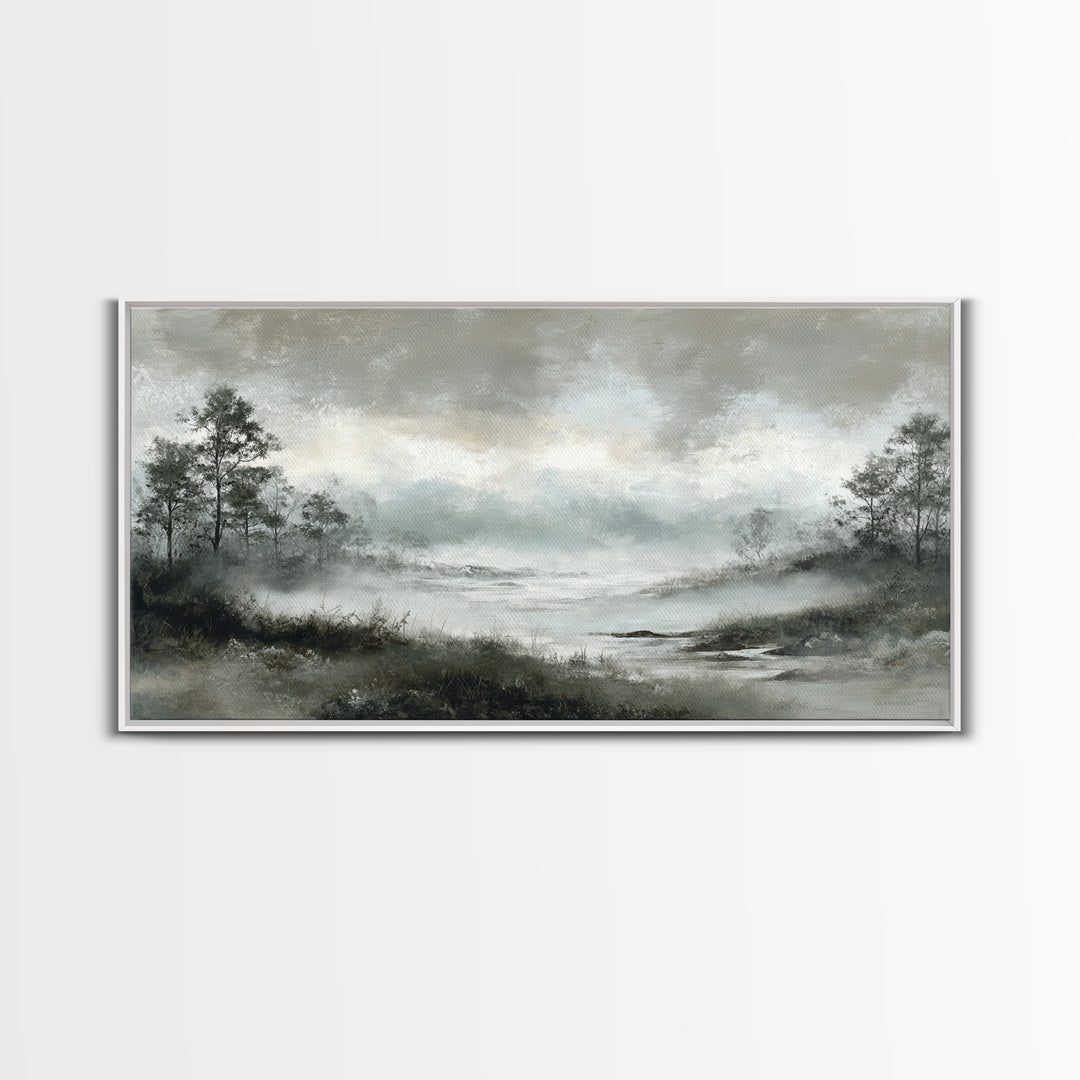 Moody Foggy Forest Framed Canvas Print, Black and White Art, Room Decor, Living Room Decor, Fine Art, Monochrome, Art Print, BAW-2x1-75