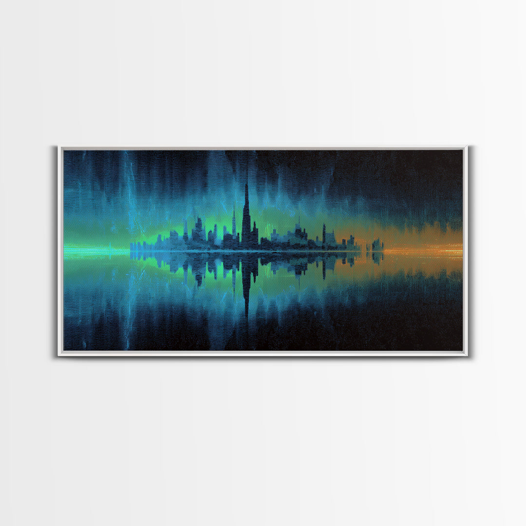 Monochrome City Skyline Reflected Framed Canvas Print, Black and White Art, Cabin Decor, Living Room Decor, Abstract Art, BAW-2x1-79