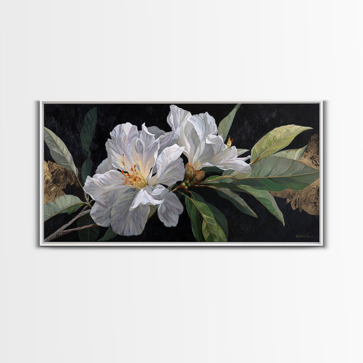 White Flower on Deep Black Background Canvas Print, Black and White Art, Luxury Decor, Living Room Decor, Monochrome, BAW-2x1-8