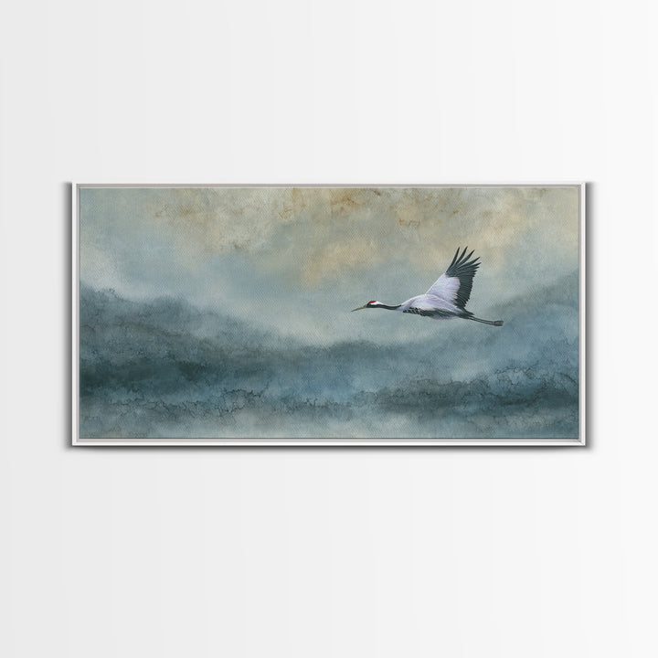 Black Ink Crane Flying Across Empty Sky Canvas Print, Black and White Art, Abstract Art, Living Room Decor, Monochrome, BAW-2x1-81