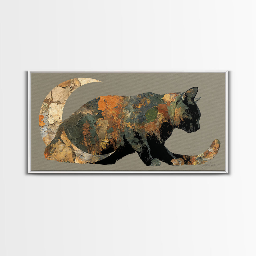 Black Cat Silhouette Framed Canvas Print, Black and White Art, Printable Art, Living Room Decor, Fine Art, Monochrome, BAW-2x1-84