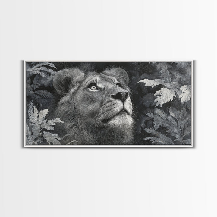 Dramatic Black and White Lion Portrait Framed Canvas Print, Black and White Art, Wood Wall Art, Living Room Decor, Monochrome, BAW-2x1-85
