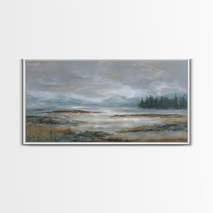 Misty Bridge Landscape Framed Canvas Print, Black and White Art, Retro Wall Art, Living Room Decor, Fine Art, Monochrome, BAW-2x1-87