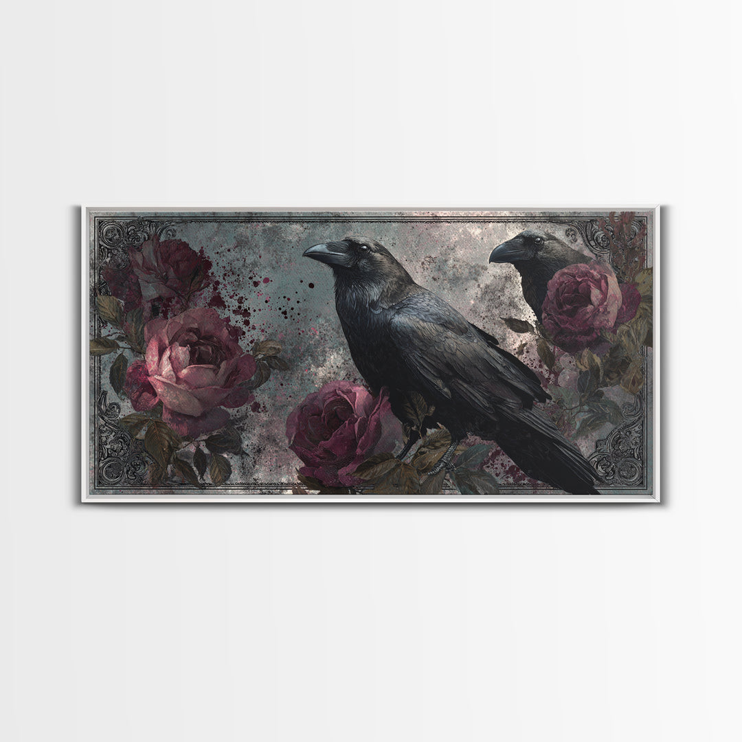 Ink Splatter Raven Composition Framed Canvas Print, Black and White Art, Large Wall Art, Living Room Decor, Monochrome, BAW-2x1-88