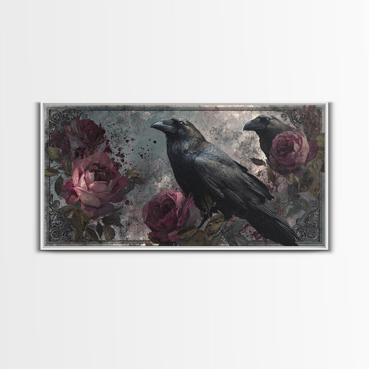 Ink Splatter Raven Composition Framed Canvas Print, Black and White Art, Large Wall Art, Living Room Decor, Monochrome, BAW-2x1-88