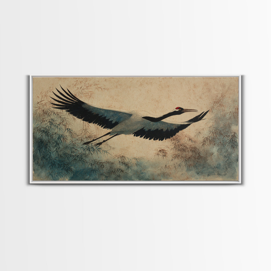 Black Ink Crane Flying Across Empty Sky Canvas Print, Black and White Art, Digital Prints, Living Room Decor, Monochrome, BAW-2x1-9