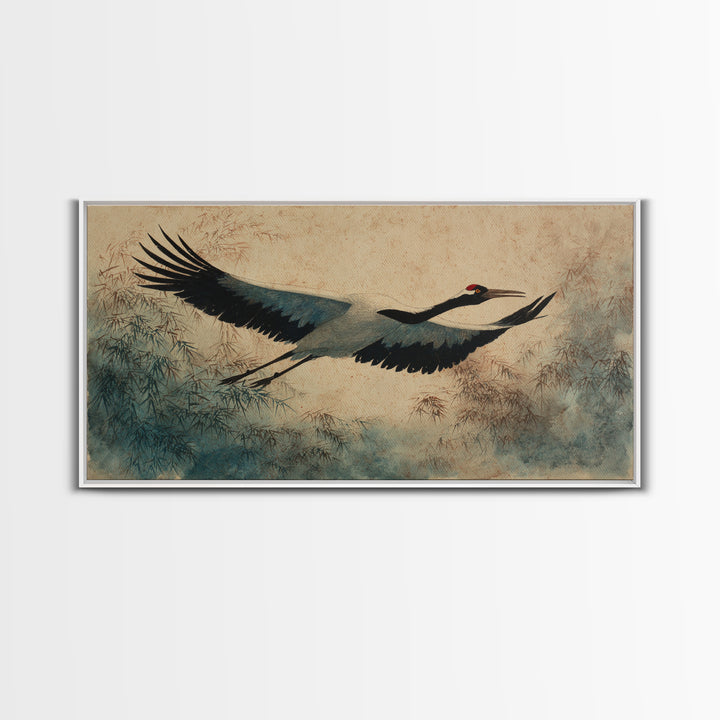 Black Ink Crane Flying Across Empty Sky Canvas Print, Black and White Art, Digital Prints, Living Room Decor, Monochrome, BAW-2x1-9