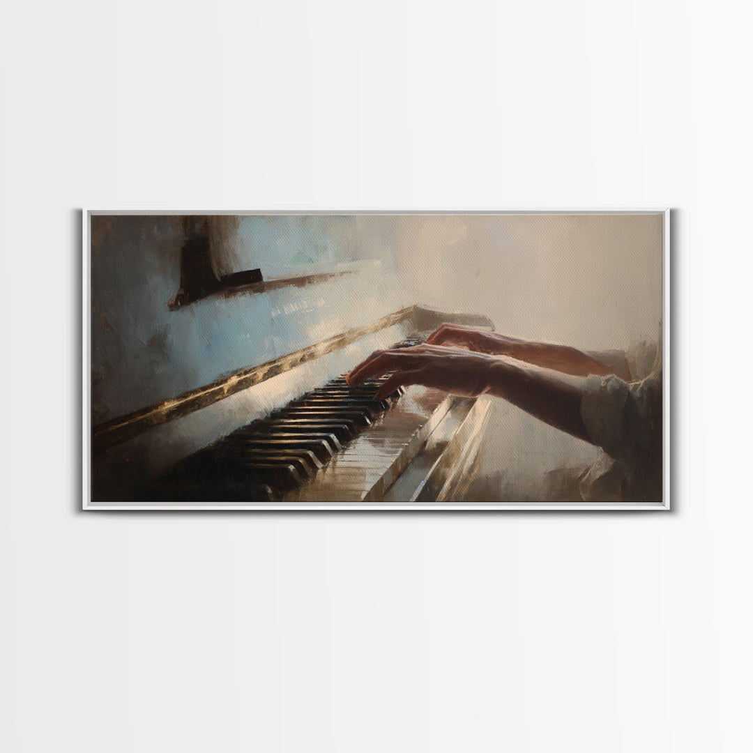 Piano Keys and Hands Framed Canvas Print, Black and White Art, Art Prints, Living Room Decor, Oil Painting, Monochrome, BAW-2x1-90