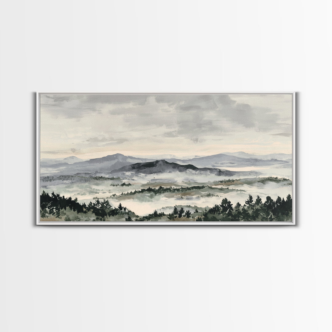 Black Ink Mountain Range Canvas Print, Black and White Art, Living Room Decor, Oil Painting, Monochrome, Abstract Wall Art, BAW-2x1-94