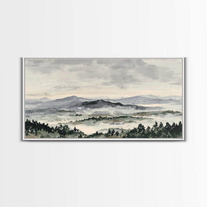 Black Ink Mountain Range Canvas Print, Black and White Art, Living Room Decor, Oil Painting, Monochrome, Abstract Wall Art, BAW-2x1-94