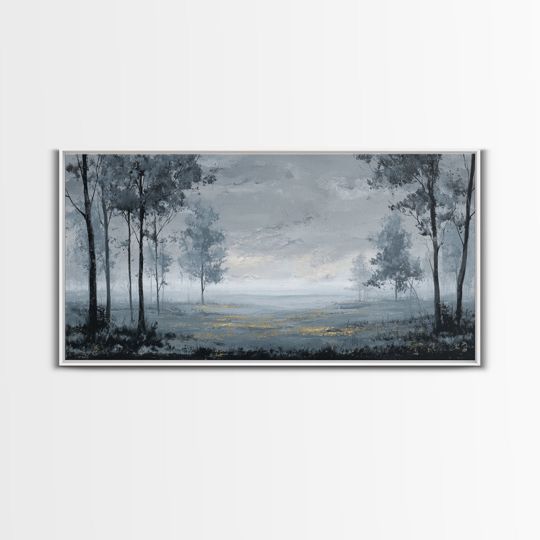 Moody Foggy Forest Framed Canvas Print, Black and White Art, Printable Art, Living Room Decor, Monochrome, Gallery Decor, BAW-2x1-99