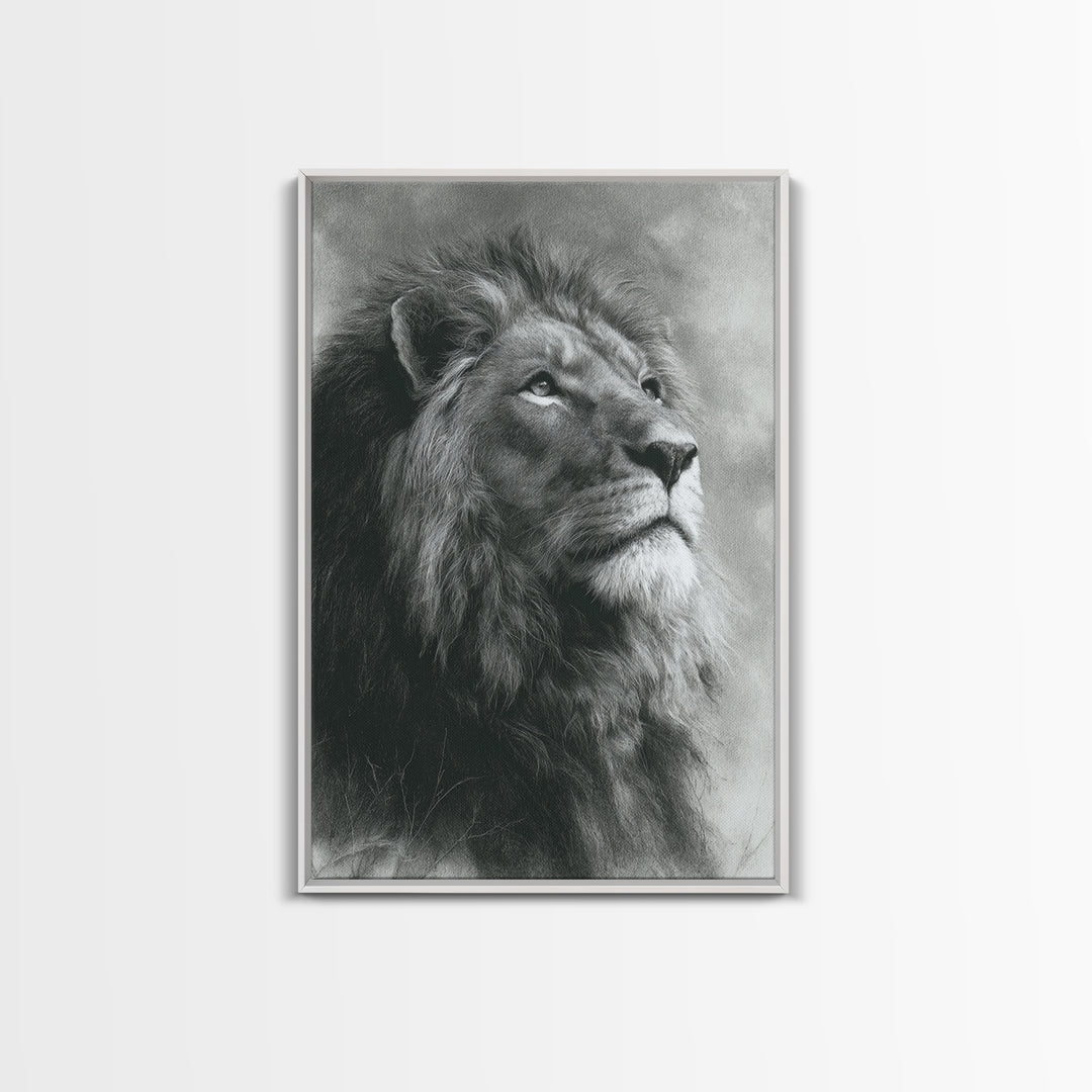Dramatic Black and White Lion Portrait Framed Canvas Print, Black and White Art, Art Print, Living Room Decor, Monochrome, BAW-2x3-1
