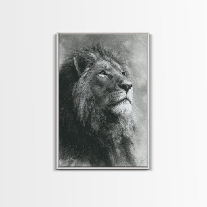 Dramatic Black and White Lion Portrait Framed Canvas Print, Black and White Art, Art Print, Living Room Decor, Monochrome, BAW-2x3-1