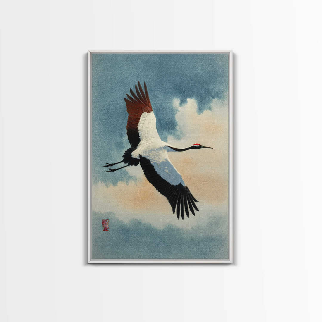 Black Ink Crane Flying Across Empty Sky Canvas Print, Black and White Art, Art Prints, Living Room Decor, Monochrome, BAW-2x3-21