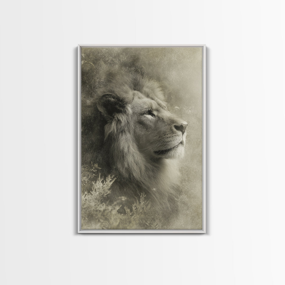 Dramatic Black and White Lion Portrait Framed Canvas Print, Black and White Art, Art Print, Living Room Decor, Monochrome, BAW-2x3-25
