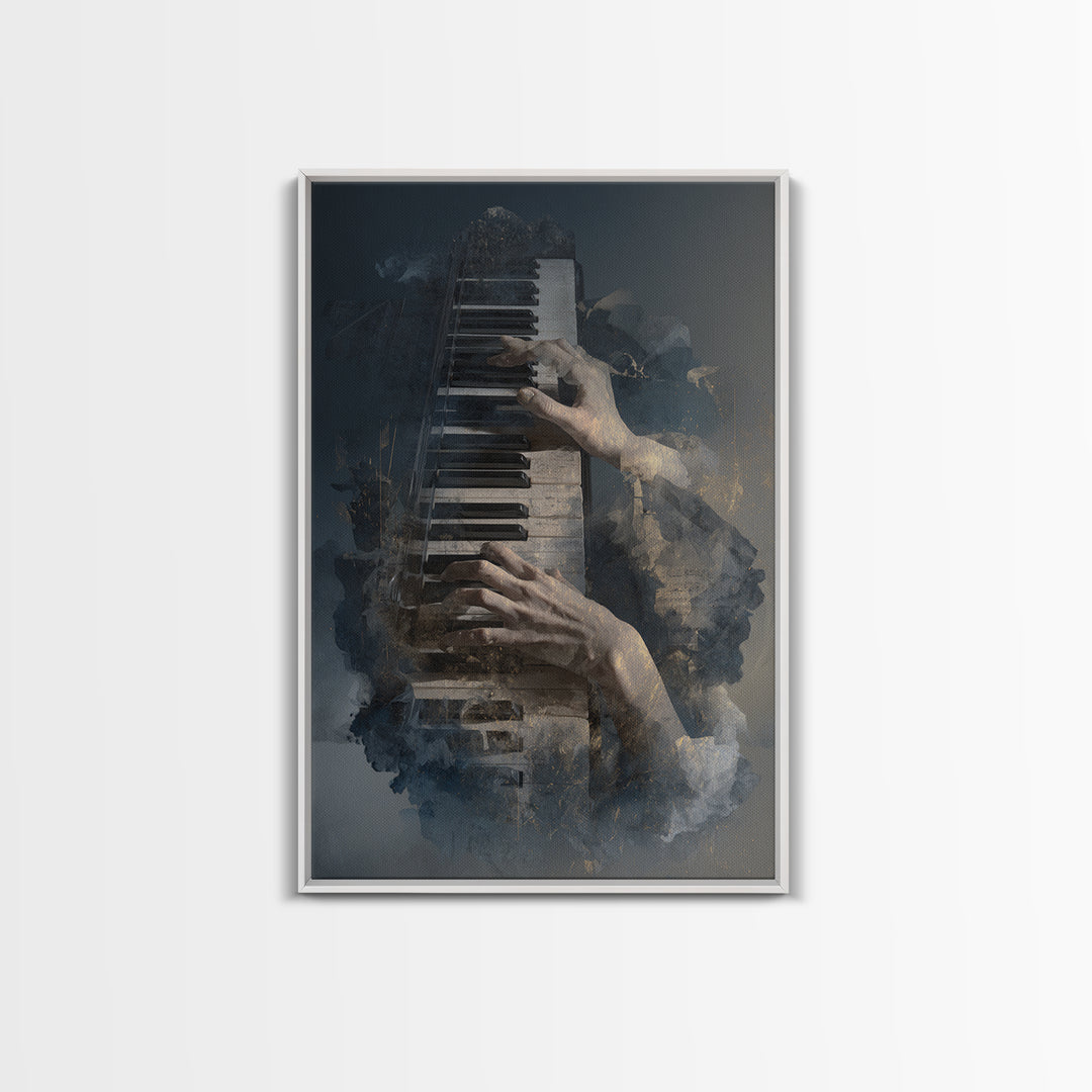 Piano Keys and Hands Framed Canvas Print, Black and White Art, Minimalist Decor, Living Room Decor, Fine Art, Monochrome, BAW-2x3-30