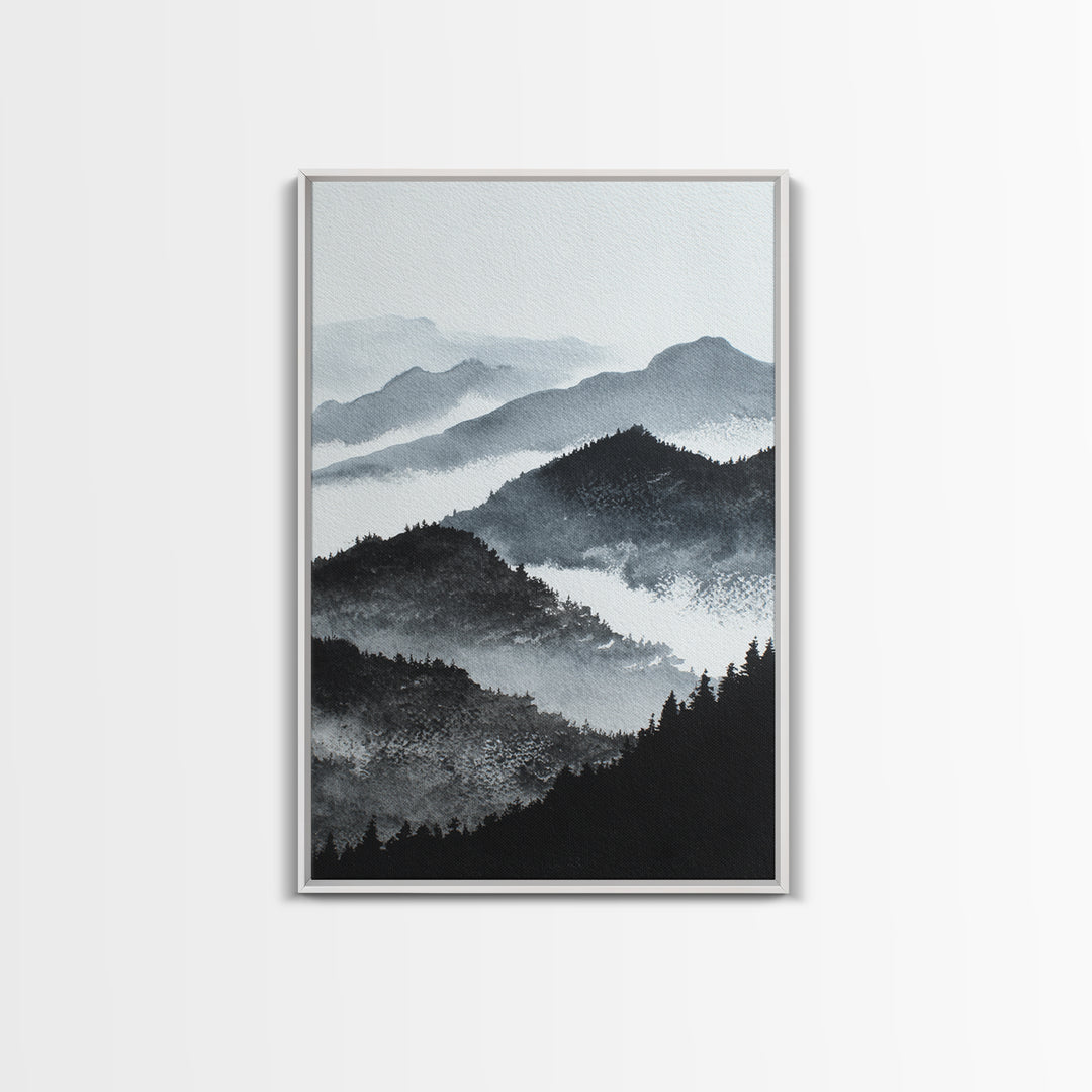 Black Ink Mountain Range Framed Canvas Print, Black and White Art, Halloween Decor, Living Room Decor, Fine Art, Monochrome, BAW-2x3-34
