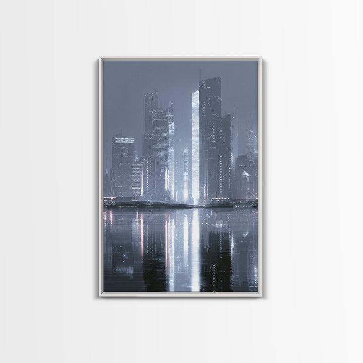 Monochrome City Skyline Reflected Canvas Print, Black and White Art, Printable Wall Art, Living Room Decor, Monochrome, BAW-2x3-43