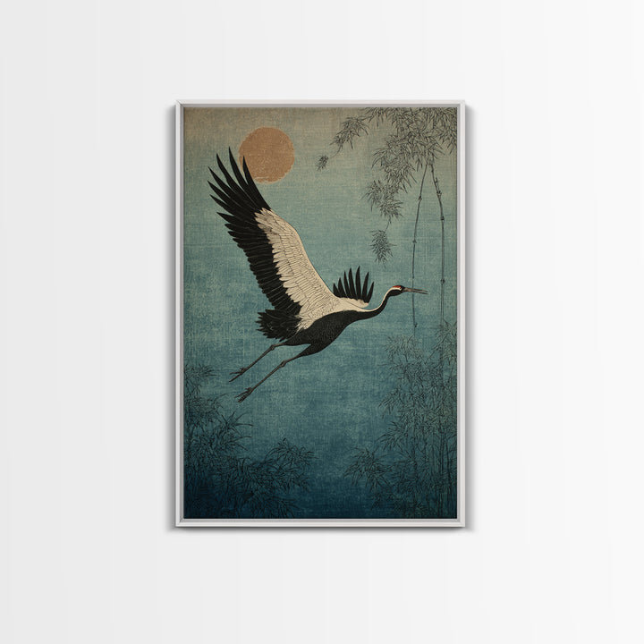 Black Ink Crane Flying Across Empty Sky Canvas Print, Black and White Art, Gothic Decor, Living Room Decor, Monochrome, BAW-2x3-45