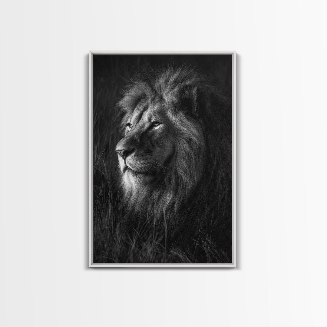 Dramatic Black and White Lion Portrait Canvas Print, Black and White Art, Large Wall Art, Living Room Decor, Monochrome, BAW-2x3-49