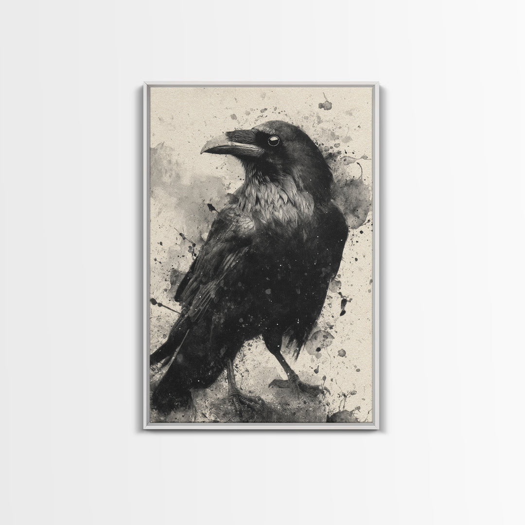 Ink Splatter Raven Composition Framed Canvas Print, Black and White Art, Art, Living Room Decor, Fine Art, Monochrome, BAW-2x3-52