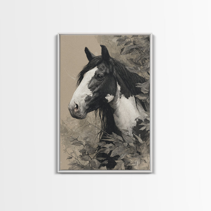Black and White Wild Horse Portrait Canvas Print, Black and White Art, Wood Wall Art, Living Room Decor, Fine Art, Monochrome, BAW-2x3-61