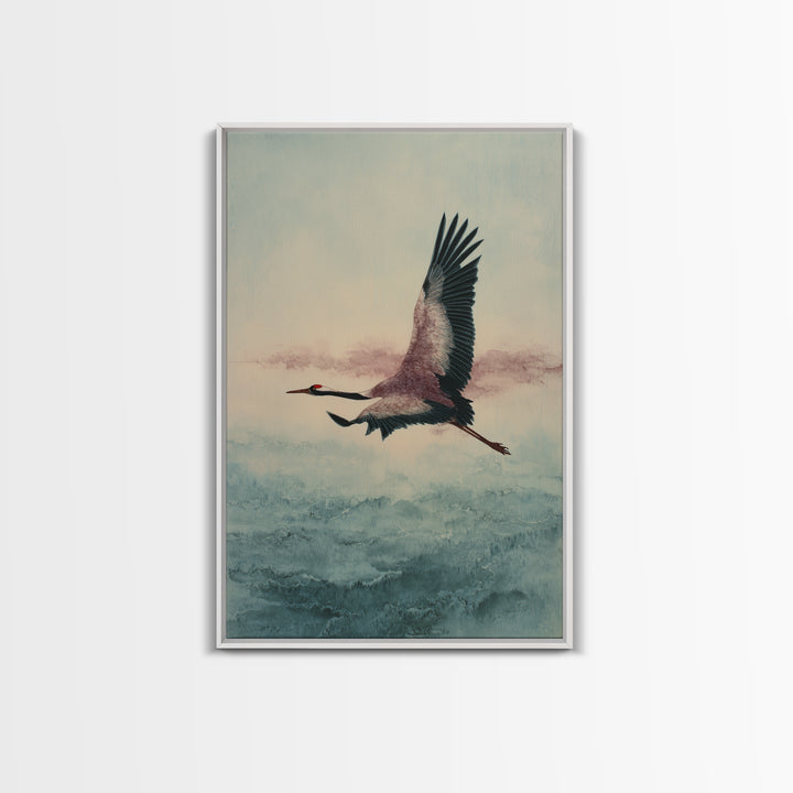 Black Ink Crane Flying Across Empty Sky Framed Canvas Print, Black and White Art, Printable Art, Living Room Decor, Monochrome, BAW-2x3-69